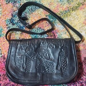 Black Leather Embossed Egyptian Leather Shoulder Bag Crossbody Purse